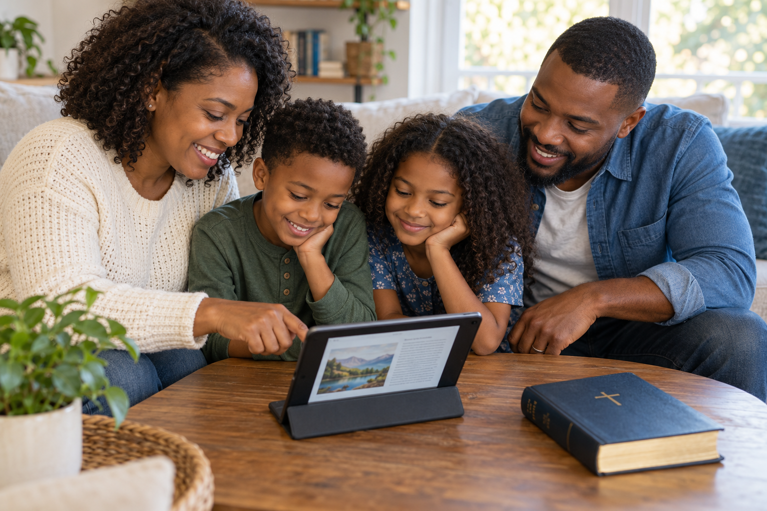 Couple laughing together while looking at a tablet in a modern living room.